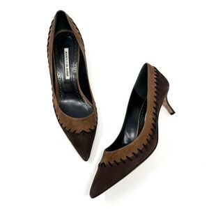 Manolo Blahnik Western Suede Kitten Low Heels Pumps Brown Tan Pointed Toe 40 10